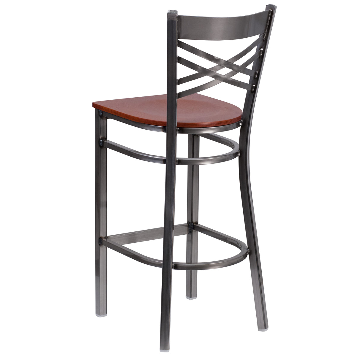 Cherry Wood Seat/Clear Coated Metal Frame |#| Clear Coated "X" Back Metal Restaurant Barstool - Cherry Wood Seat