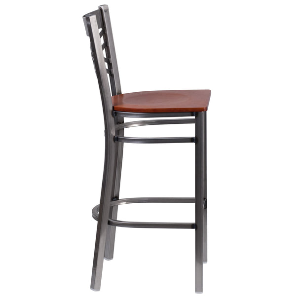 Cherry Wood Seat/Clear Coated Metal Frame |#| Clear Coated "X" Back Metal Restaurant Barstool - Cherry Wood Seat