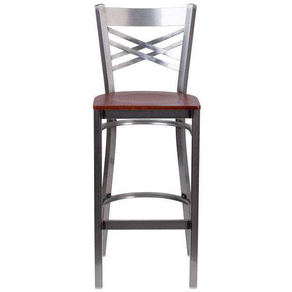 Cherry Wood Seat/Clear Coated Metal Frame |#| Clear Coated "X" Back Metal Restaurant Barstool - Cherry Wood Seat