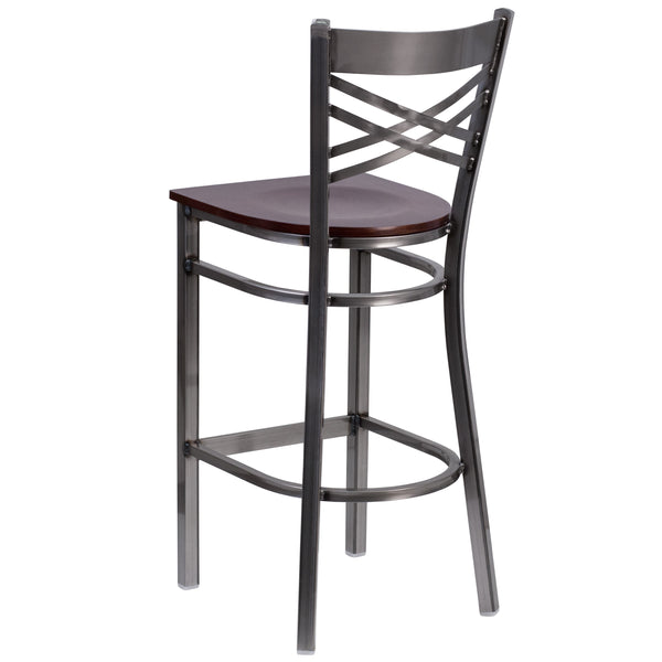 Walnut Wood Seat/Clear Coated Metal Frame |#| Clear Coated "X" Back Metal Restaurant Barstool - Walnut Wood Seat