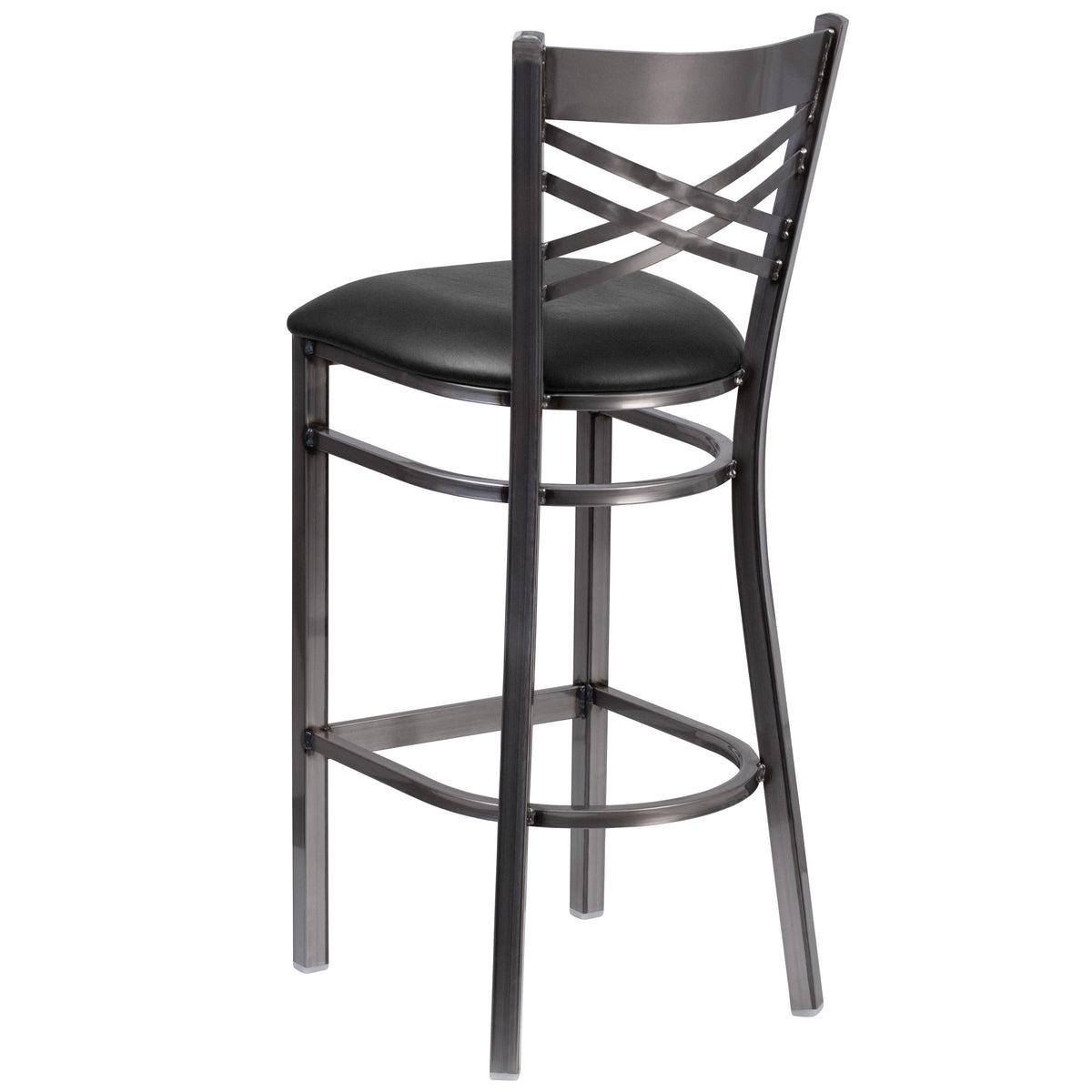 Black Vinyl Seat/Clear Coated Metal Frame |#| Clear Coated "X" Back Metal Restaurant Barstool - Black Vinyl Seat