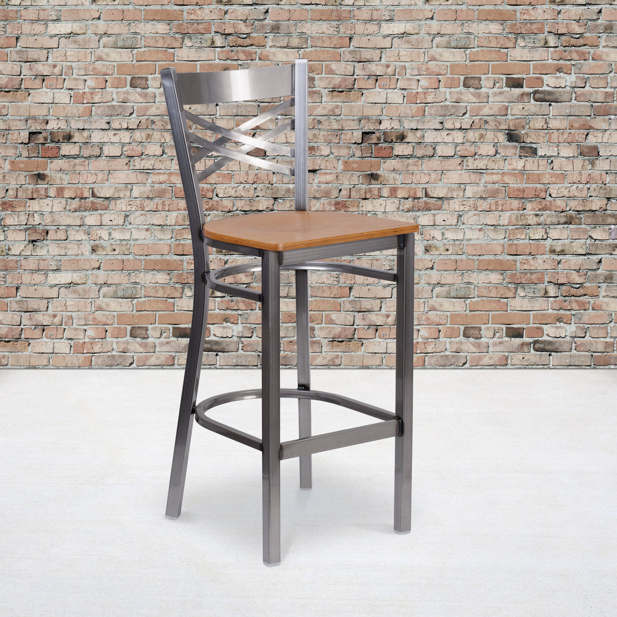 Natural Wood Seat/Clear Coated Metal Frame |#| Silver Antique Clear Coat "X" Back Metal Restaurant Barstool-Natural Wood Seat