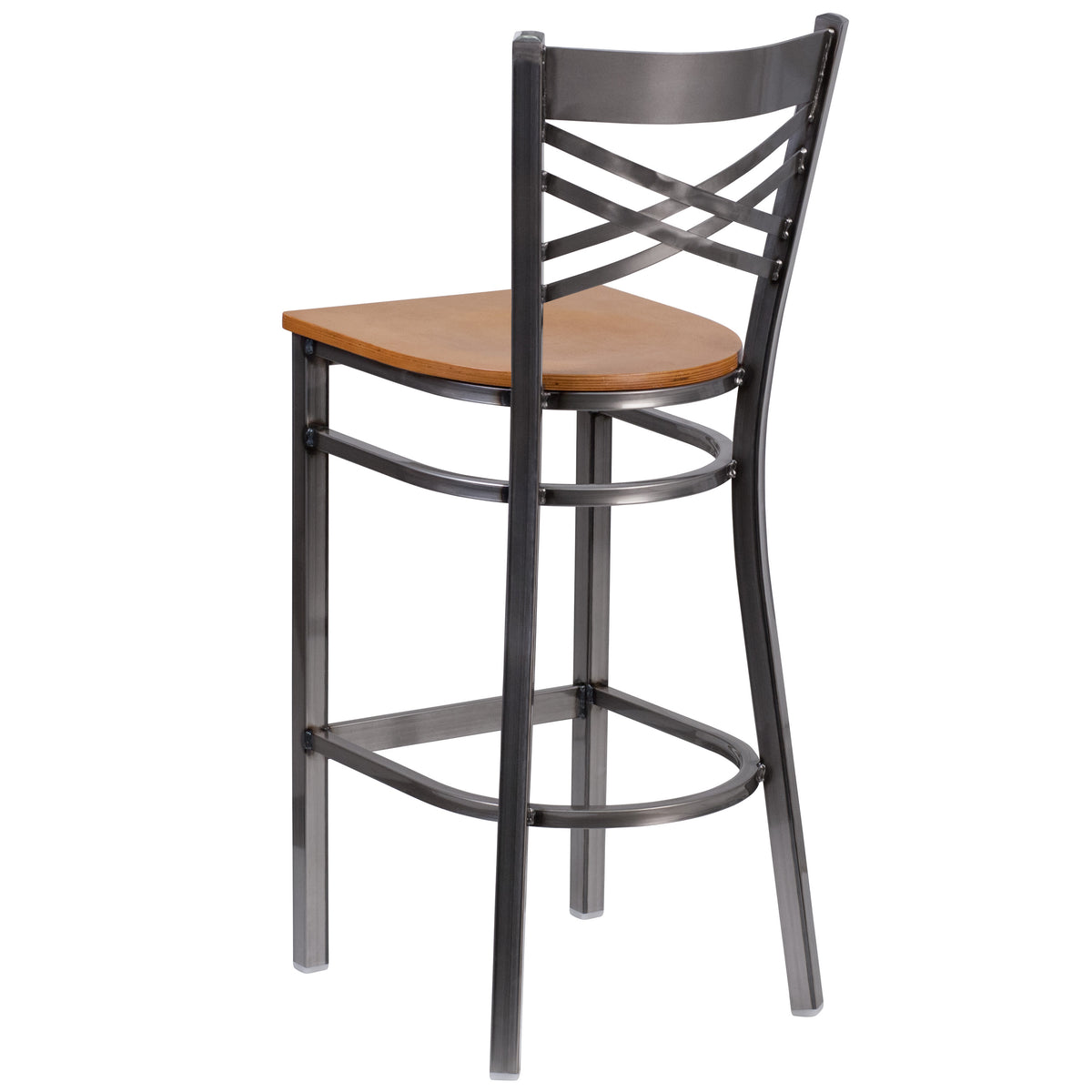 Natural Wood Seat/Clear Coated Metal Frame |#| Silver Antique Clear Coat "X" Back Metal Restaurant Barstool-Natural Wood Seat