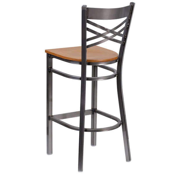 Natural Wood Seat/Clear Coated Metal Frame |#| Silver Antique Clear Coat "X" Back Metal Restaurant Barstool-Natural Wood Seat