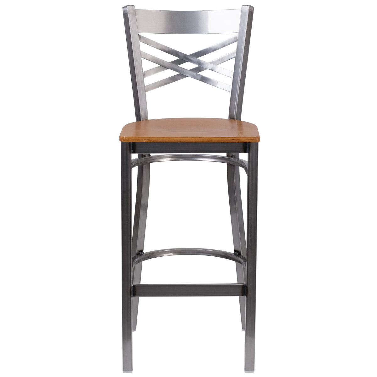 Natural Wood Seat/Clear Coated Metal Frame |#| Silver Antique Clear Coat "X" Back Metal Restaurant Barstool-Natural Wood Seat