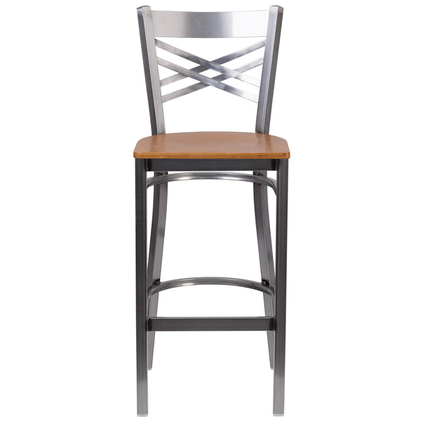Natural Wood Seat/Clear Coated Metal Frame |#| Silver Antique Clear Coat "X" Back Metal Restaurant Barstool-Natural Wood Seat