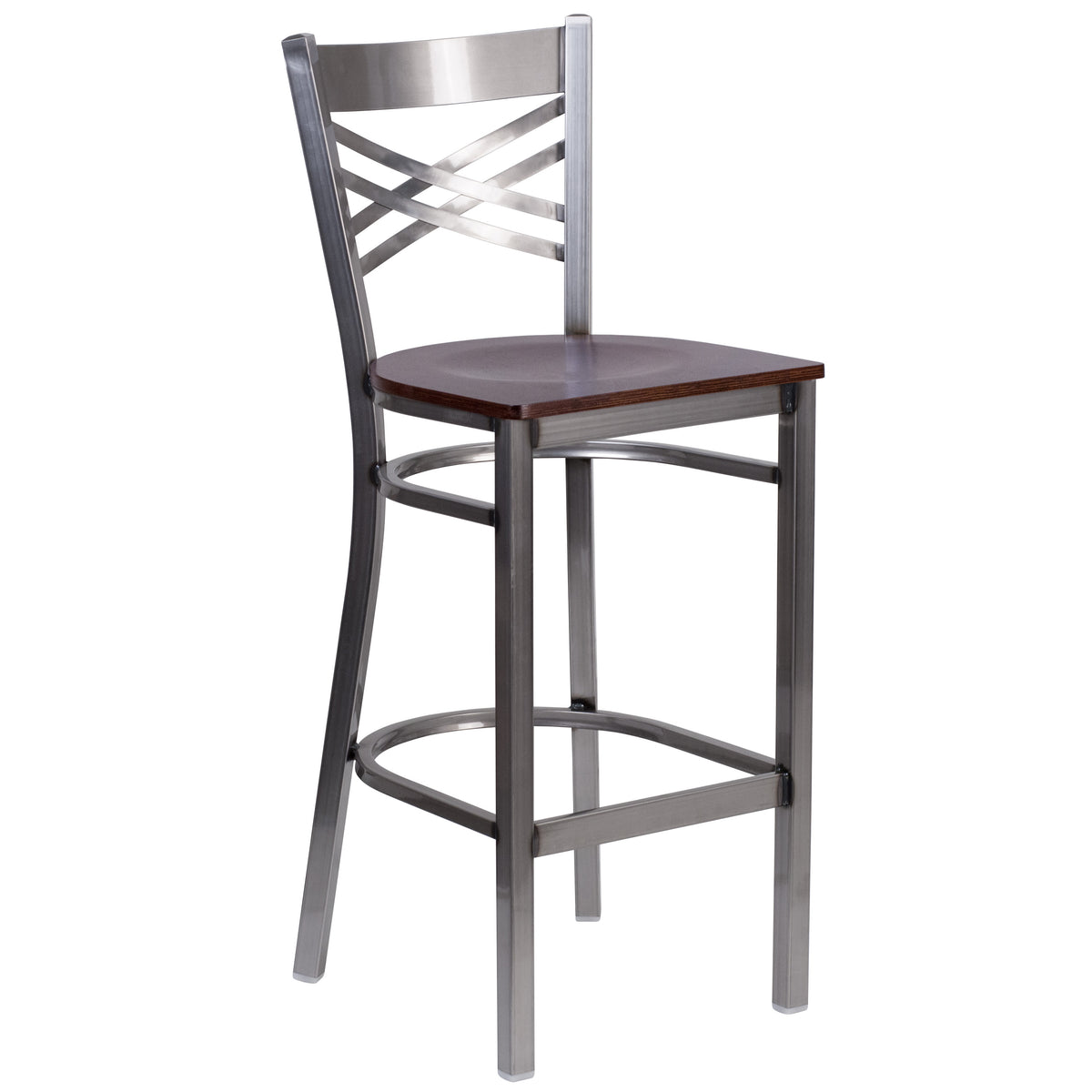 Walnut Wood Seat/Clear Coated Metal Frame |#| Silver Antique Clear Coat "X" Back Metal Restaurant Barstool-Walnut Wood Seat