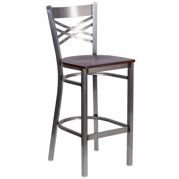 Walnut Wood Seat/Clear Coated Metal Frame |#| Silver Antique Clear Coat "X" Back Metal Restaurant Barstool-Walnut Wood Seat