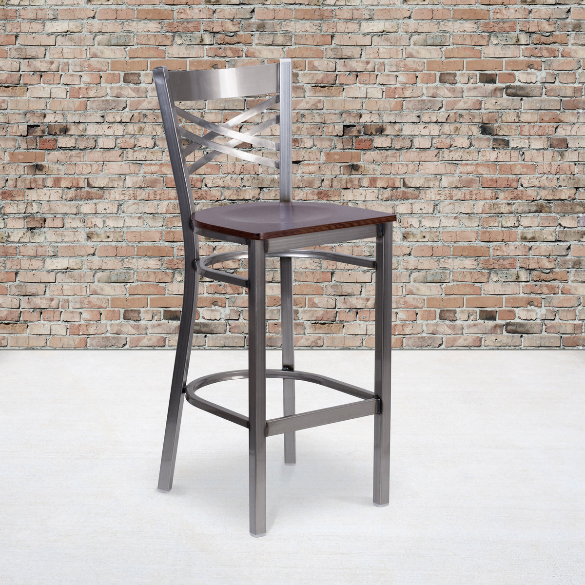 Walnut Wood Seat/Clear Coated Metal Frame |#| Silver Antique Clear Coat "X" Back Metal Restaurant Barstool-Walnut Wood Seat