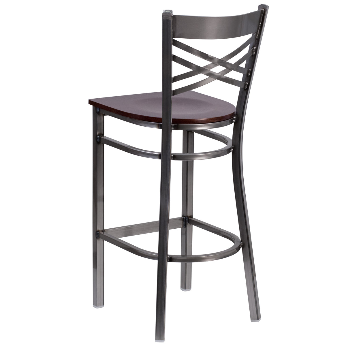 Walnut Wood Seat/Clear Coated Metal Frame |#| Silver Antique Clear Coat "X" Back Metal Restaurant Barstool-Walnut Wood Seat