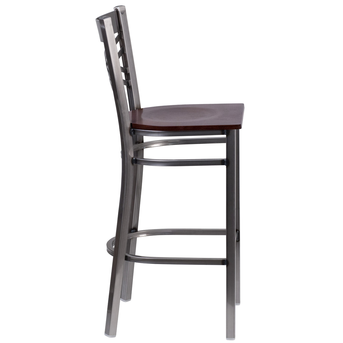 Walnut Wood Seat/Clear Coated Metal Frame |#| Silver Antique Clear Coat "X" Back Metal Restaurant Barstool-Walnut Wood Seat