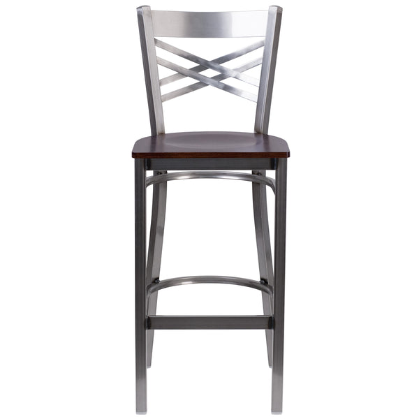 Walnut Wood Seat/Clear Coated Metal Frame |#| Silver Antique Clear Coat "X" Back Metal Restaurant Barstool-Walnut Wood Seat
