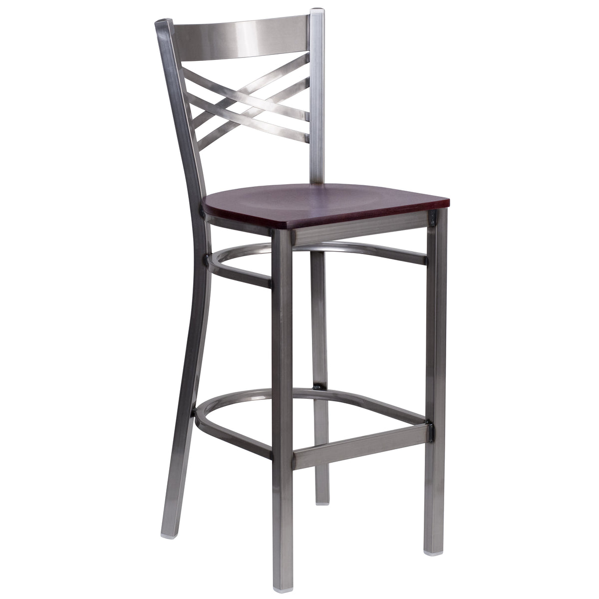 Mahogany Wood Seat/Clear Coated Metal Frame |#| Silver Antique Clear Coat "X" Back Metal Restaurant Barstool-Mahogany Wood Seat