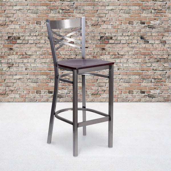 Mahogany Wood Seat/Clear Coated Metal Frame |#| Silver Antique Clear Coat "X" Back Metal Restaurant Barstool-Mahogany Wood Seat