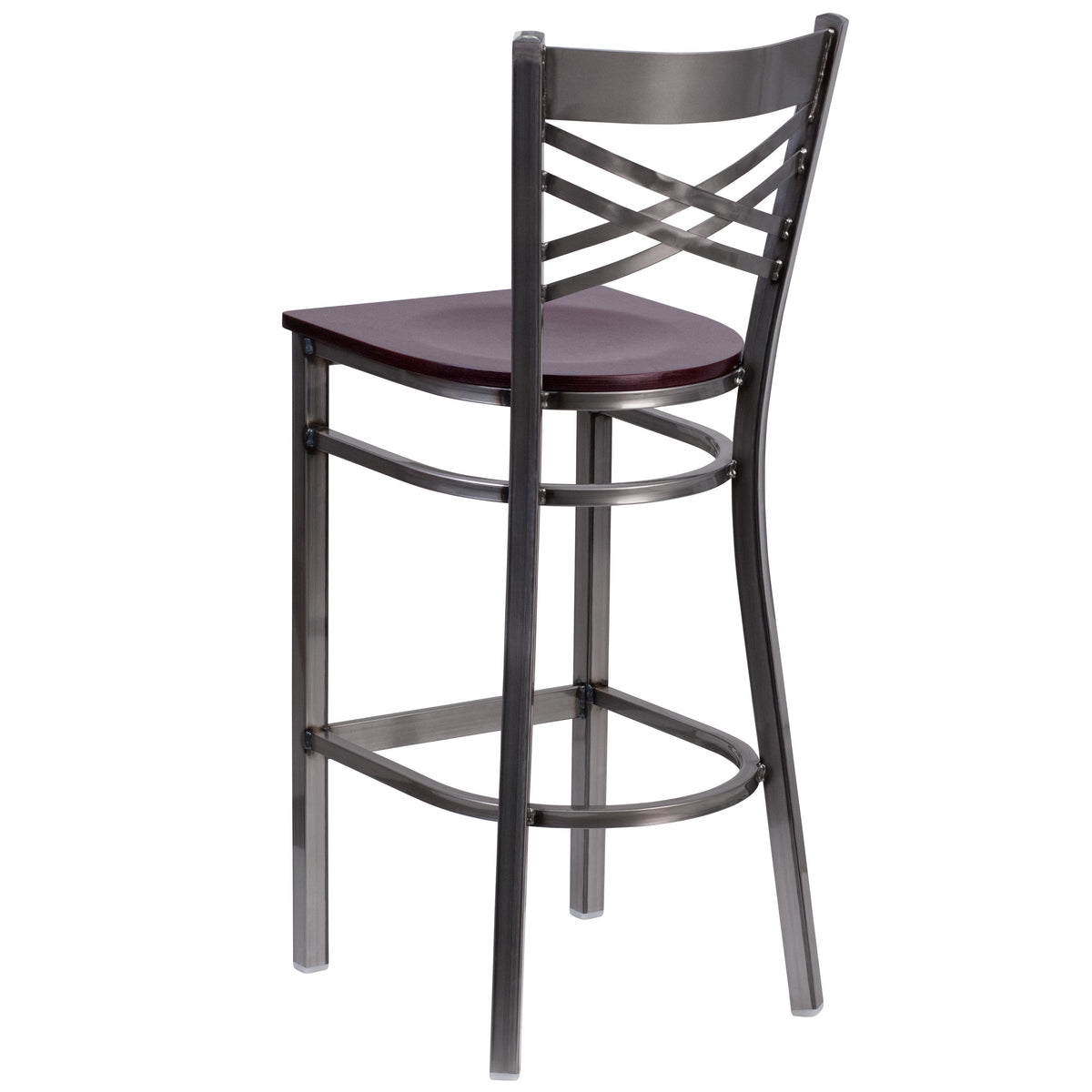 Mahogany Wood Seat/Clear Coated Metal Frame |#| Silver Antique Clear Coat "X" Back Metal Restaurant Barstool-Mahogany Wood Seat