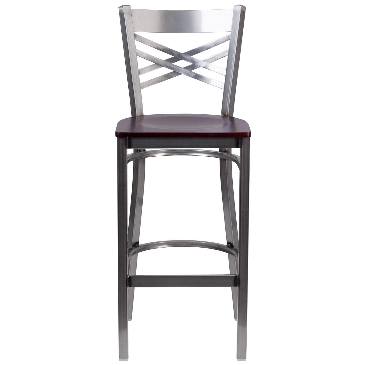 Mahogany Wood Seat/Clear Coated Metal Frame |#| Silver Antique Clear Coat "X" Back Metal Restaurant Barstool-Mahogany Wood Seat