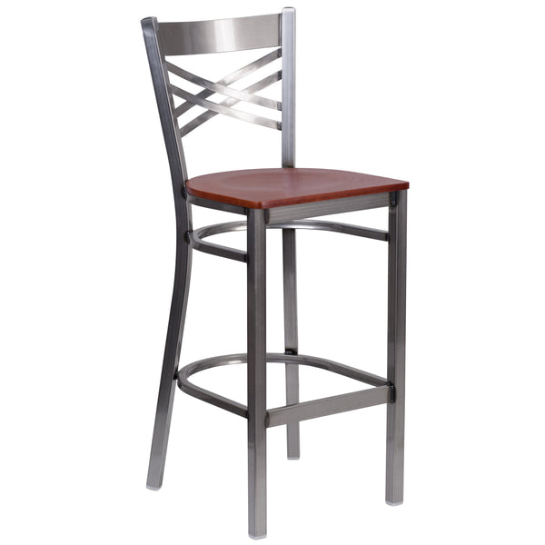 Cherry Wood Seat/Clear Coated Metal Frame |#| Silver Antique Clear Coat "X" Back Metal Restaurant Barstool-Cherry Wood Seat