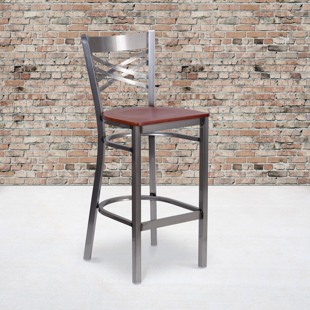 Cherry Wood Seat/Clear Coated Metal Frame |#| Silver Antique Clear Coat "X" Back Metal Restaurant Barstool-Cherry Wood Seat