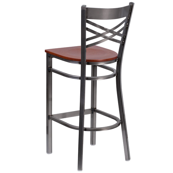 Cherry Wood Seat/Clear Coated Metal Frame |#| Silver Antique Clear Coat "X" Back Metal Restaurant Barstool-Cherry Wood Seat