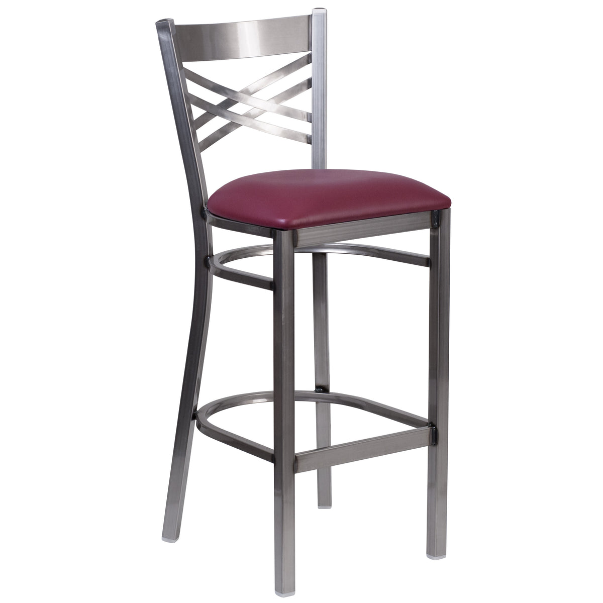 Burgundy Vinyl Seat/Clear Coated Metal Frame |#| Silver Antique Clear Coat "X" Back Metal Restaurant Barstool-Burgundy Vinyl Seat