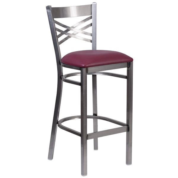 Burgundy Vinyl Seat/Clear Coated Metal Frame |#| Silver Antique Clear Coat "X" Back Metal Restaurant Barstool-Burgundy Vinyl Seat