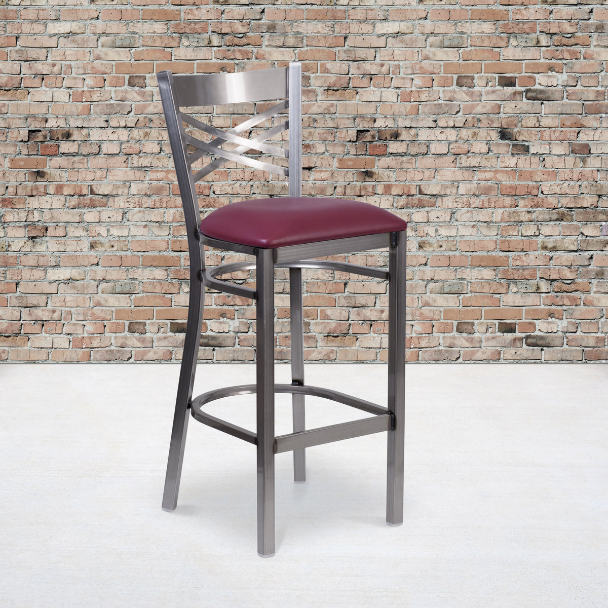 Burgundy Vinyl Seat/Clear Coated Metal Frame |#| Silver Antique Clear Coat "X" Back Metal Restaurant Barstool-Burgundy Vinyl Seat