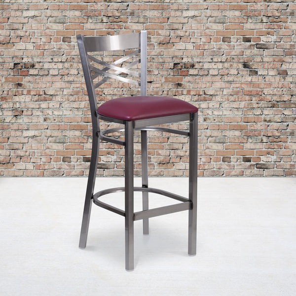Burgundy Vinyl Seat/Clear Coated Metal Frame |#| Silver Antique Clear Coat "X" Back Metal Restaurant Barstool-Burgundy Vinyl Seat