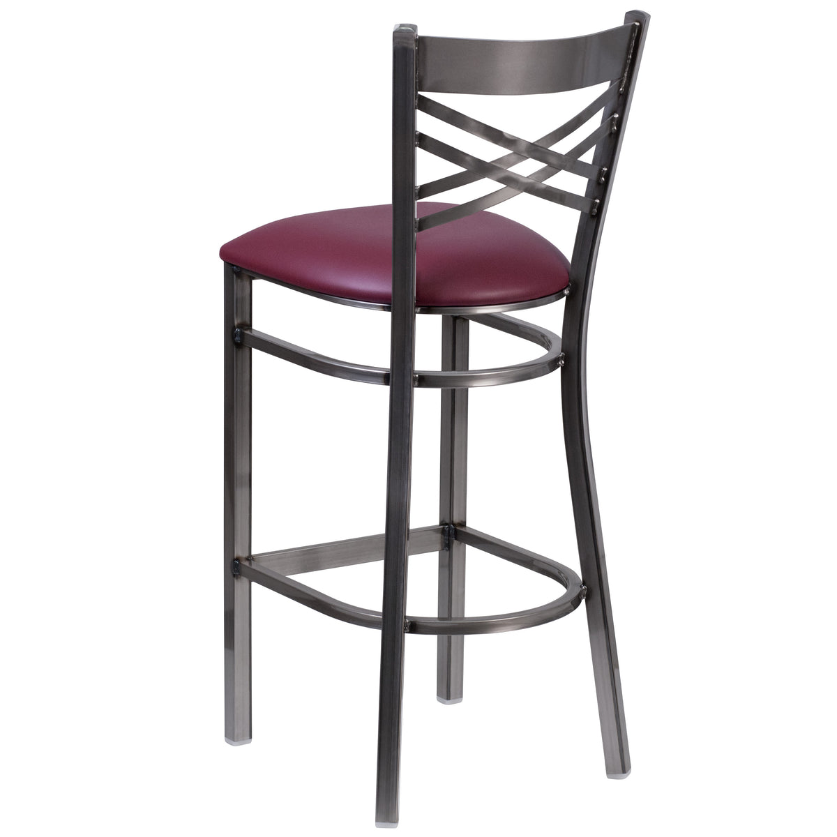 Burgundy Vinyl Seat/Clear Coated Metal Frame |#| Silver Antique Clear Coat "X" Back Metal Restaurant Barstool-Burgundy Vinyl Seat