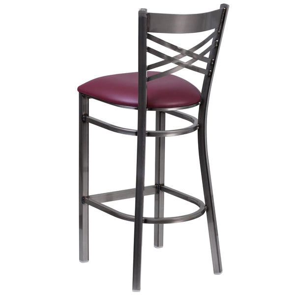 Burgundy Vinyl Seat/Clear Coated Metal Frame |#| Silver Antique Clear Coat "X" Back Metal Restaurant Barstool-Burgundy Vinyl Seat