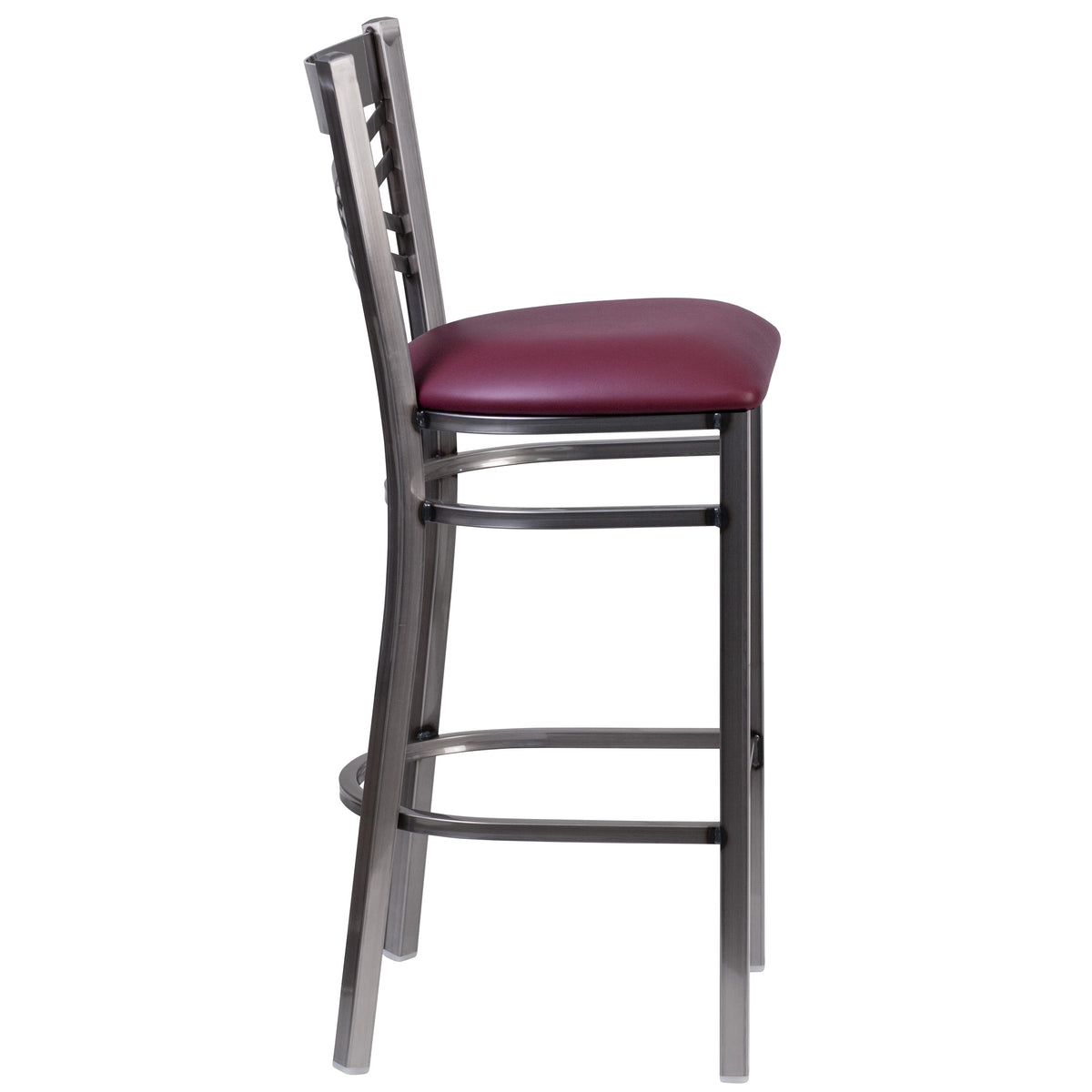 Burgundy Vinyl Seat/Clear Coated Metal Frame |#| Silver Antique Clear Coat "X" Back Metal Restaurant Barstool-Burgundy Vinyl Seat