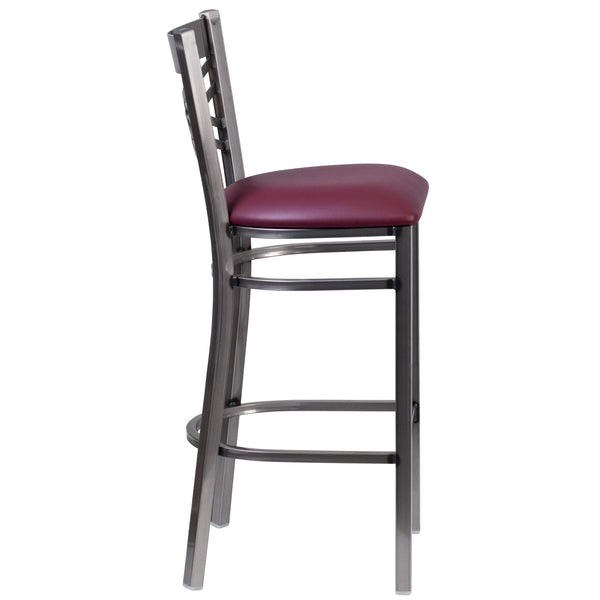 Burgundy Vinyl Seat/Clear Coated Metal Frame |#| Silver Antique Clear Coat "X" Back Metal Restaurant Barstool-Burgundy Vinyl Seat