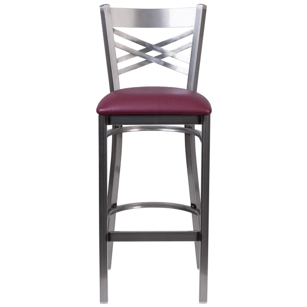 Burgundy Vinyl Seat/Clear Coated Metal Frame |#| Silver Antique Clear Coat "X" Back Metal Restaurant Barstool-Burgundy Vinyl Seat