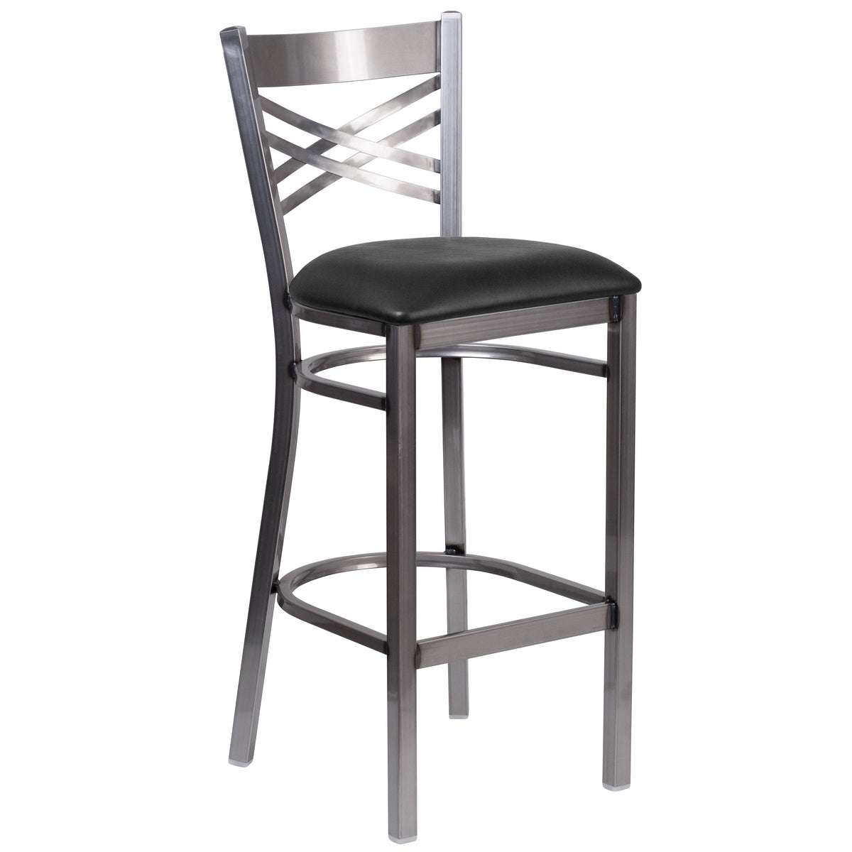 Black Vinyl Seat/Clear Coated Metal Frame |#| Silver Antique Clear Coat "X" Back Metal Restaurant Barstool-Black Vinyl Seat