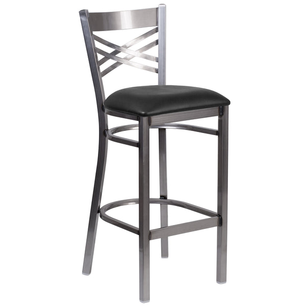 Black Vinyl Seat/Clear Coated Metal Frame |#| Silver Antique Clear Coat "X" Back Metal Restaurant Barstool-Black Vinyl Seat