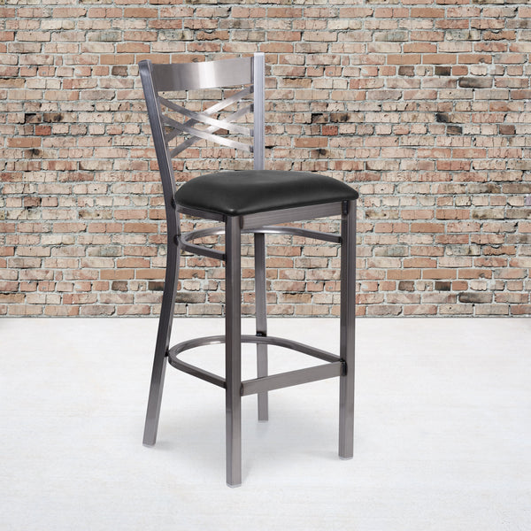 Black Vinyl Seat/Clear Coated Metal Frame |#| Silver Antique Clear Coat "X" Back Metal Restaurant Barstool-Black Vinyl Seat
