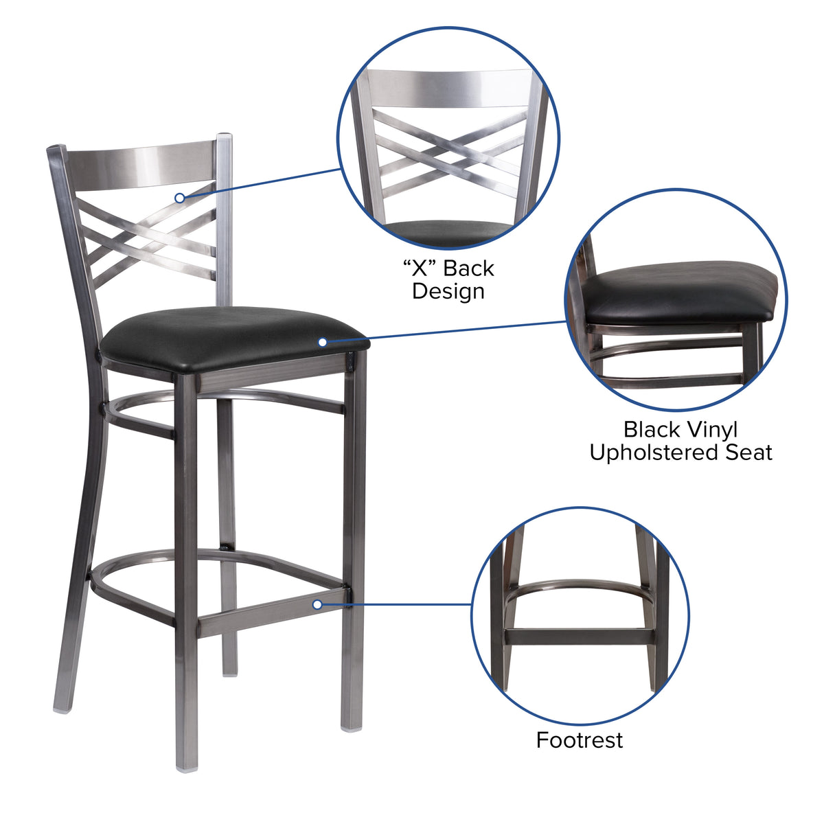 Black Vinyl Seat/Clear Coated Metal Frame |#| Silver Antique Clear Coat "X" Back Metal Restaurant Barstool-Black Vinyl Seat