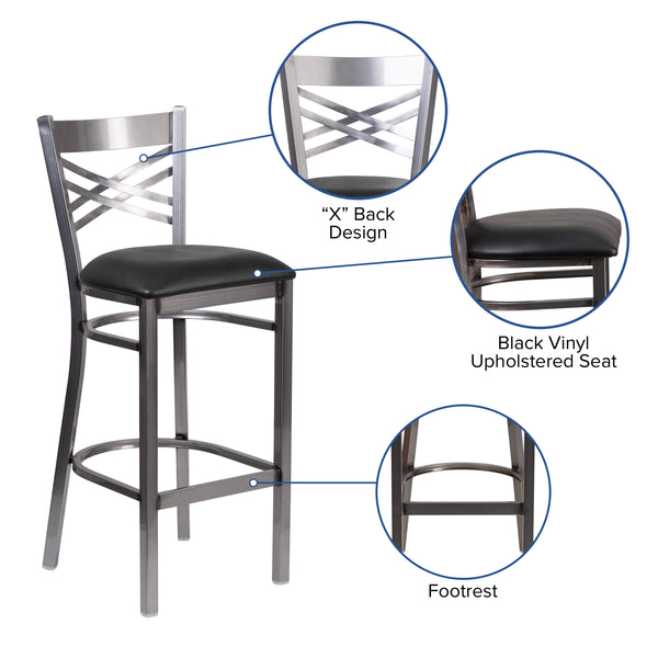 Black Vinyl Seat/Clear Coated Metal Frame |#| Silver Antique Clear Coat "X" Back Metal Restaurant Barstool-Black Vinyl Seat