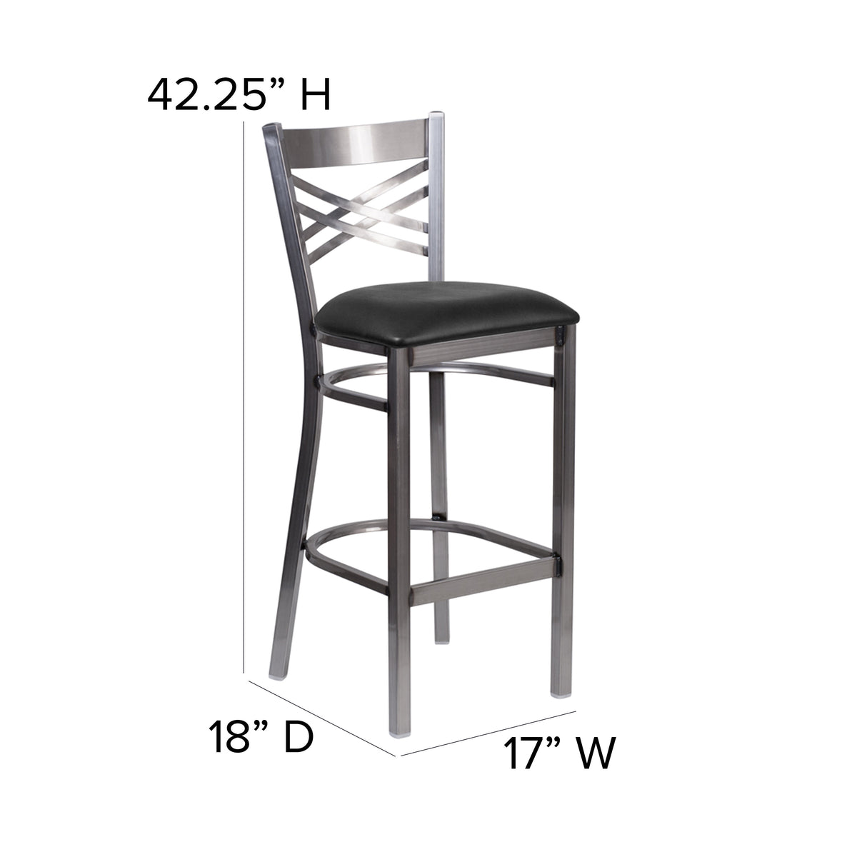 Black Vinyl Seat/Clear Coated Metal Frame |#| Silver Antique Clear Coat "X" Back Metal Restaurant Barstool-Black Vinyl Seat