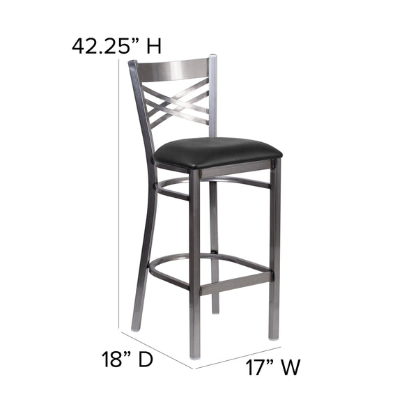 Black Vinyl Seat/Clear Coated Metal Frame |#| Silver Antique Clear Coat "X" Back Metal Restaurant Barstool-Black Vinyl Seat