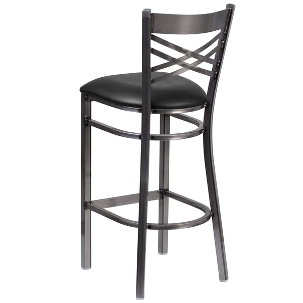 Black Vinyl Seat/Clear Coated Metal Frame |#| Silver Antique Clear Coat "X" Back Metal Restaurant Barstool-Black Vinyl Seat
