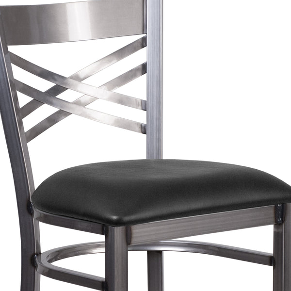 Black Vinyl Seat/Clear Coated Metal Frame |#| Silver Antique Clear Coat "X" Back Metal Restaurant Barstool-Black Vinyl Seat