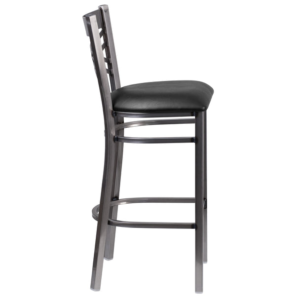 Black Vinyl Seat/Clear Coated Metal Frame |#| Silver Antique Clear Coat "X" Back Metal Restaurant Barstool-Black Vinyl Seat