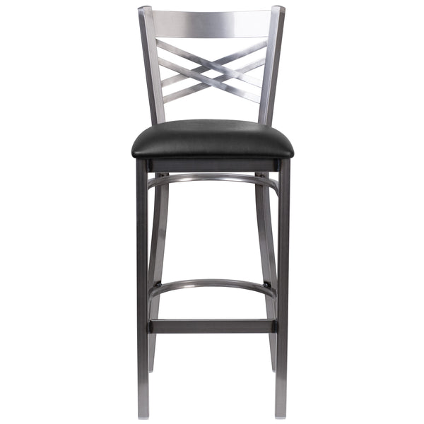 Black Vinyl Seat/Clear Coated Metal Frame |#| Silver Antique Clear Coat "X" Back Metal Restaurant Barstool-Black Vinyl Seat