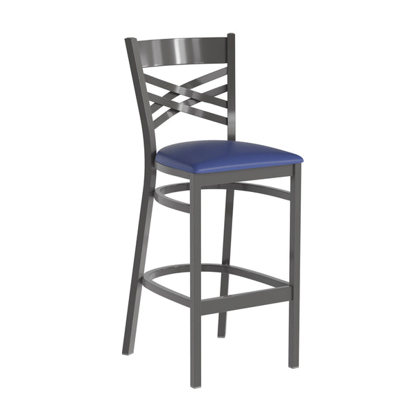 Green Vinyl Seat/Clear Coated Metal Frame |#| Silver Antique Clear Coat "X" Back Metal Restaurant Barstool-Green Vinyl Seat