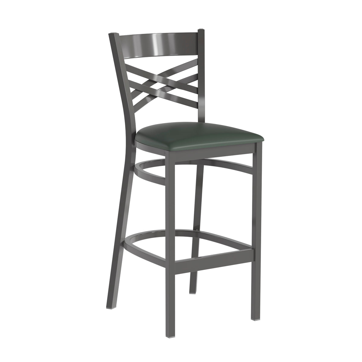 Green Vinyl Seat/Clear Coated Metal Frame |#| Silver Antique Clear Coat "X" Back Metal Restaurant Barstool-Green Vinyl Seat