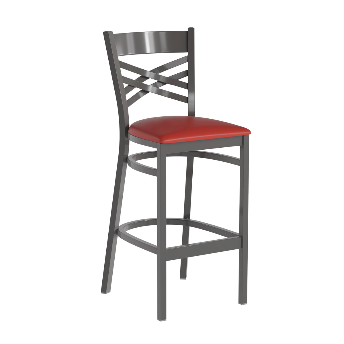 Red Vinyl Seat/Clear Coated Metal Frame |#| Silver Antique Clear Coat "X" Back Metal Restaurant Barstool-Red Vinyl Seat