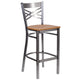 Natural Wood Seat/Clear Coated Metal Frame |#| Silver Antique Clear Coat "X" Back Metal Restaurant Barstool-Natural Wood Seat