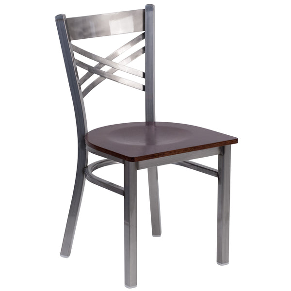 Walnut Wood Seat/Clear Coated Metal Frame |#| Clear Coated inchXinch Back Metal Restaurant Chair - Walnut Wood Seat