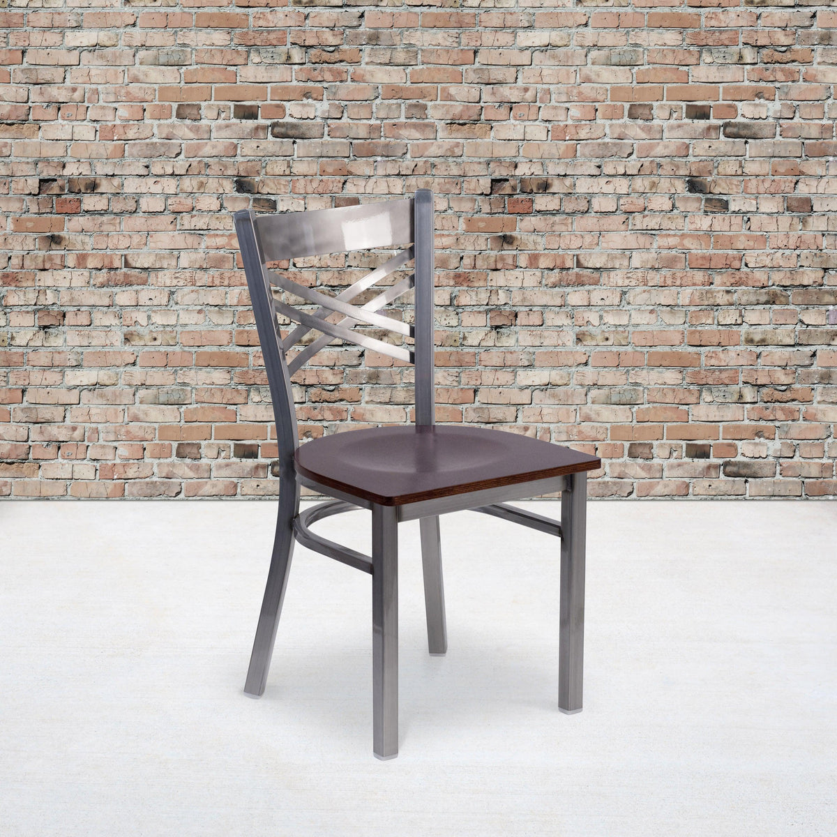 Walnut Wood Seat/Clear Coated Metal Frame |#| Clear Coated inchXinch Back Metal Restaurant Chair - Walnut Wood Seat