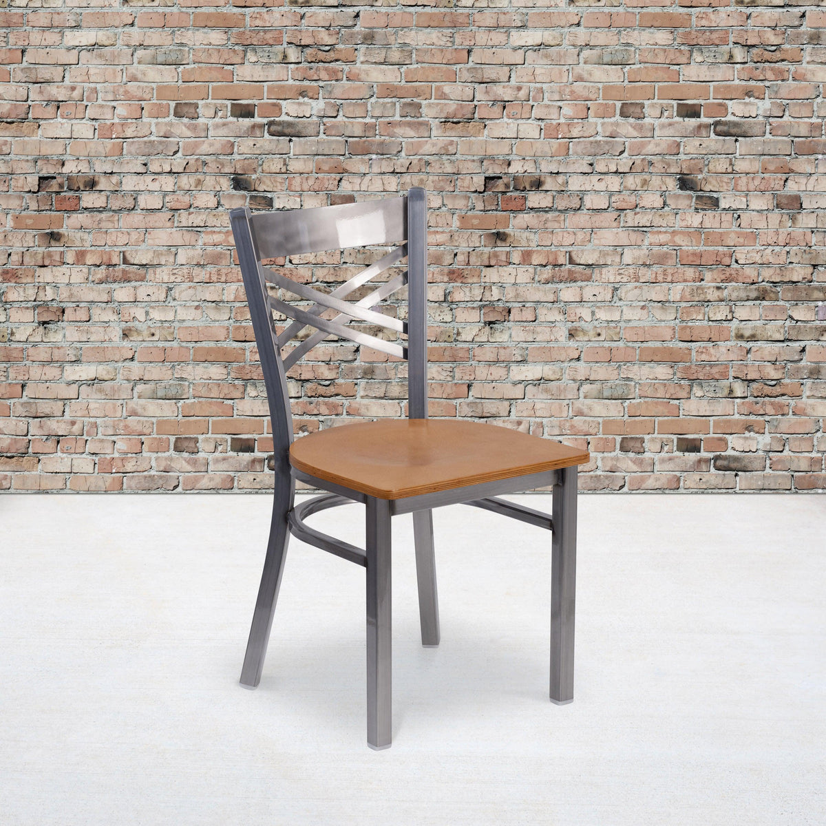 Natural Wood Seat/Clear Coated Metal Frame |#| Clear Coated inchXinch Back Metal Restaurant Chair - Natural Wood Seat